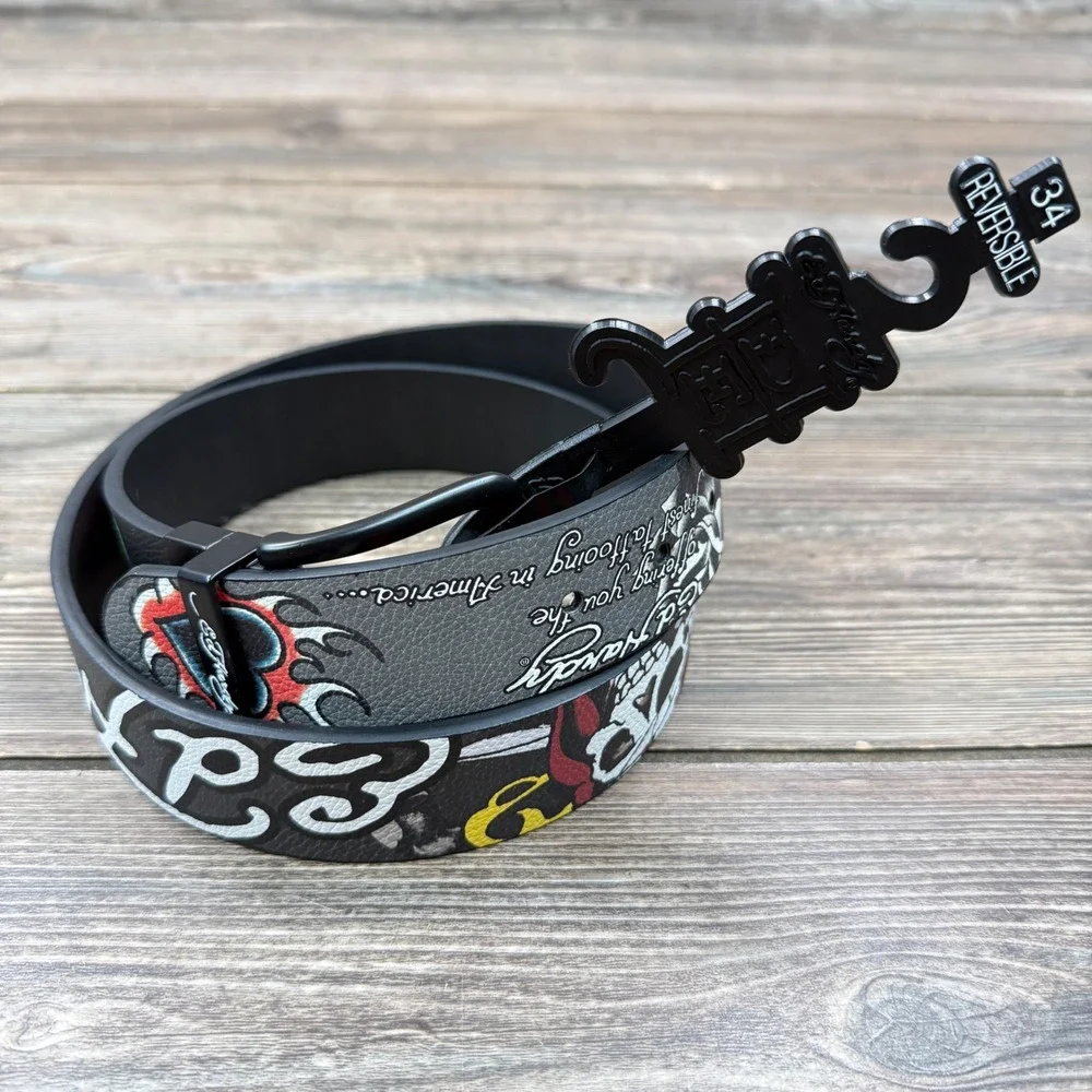 Ed Hardy Mens Size 34 Reversible Belt Black Grey Tattoo Graphic Skull New